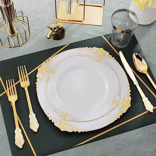White/Black and Gold Plastic Plates with Gold Cutlery and Cups for Party and Wedding